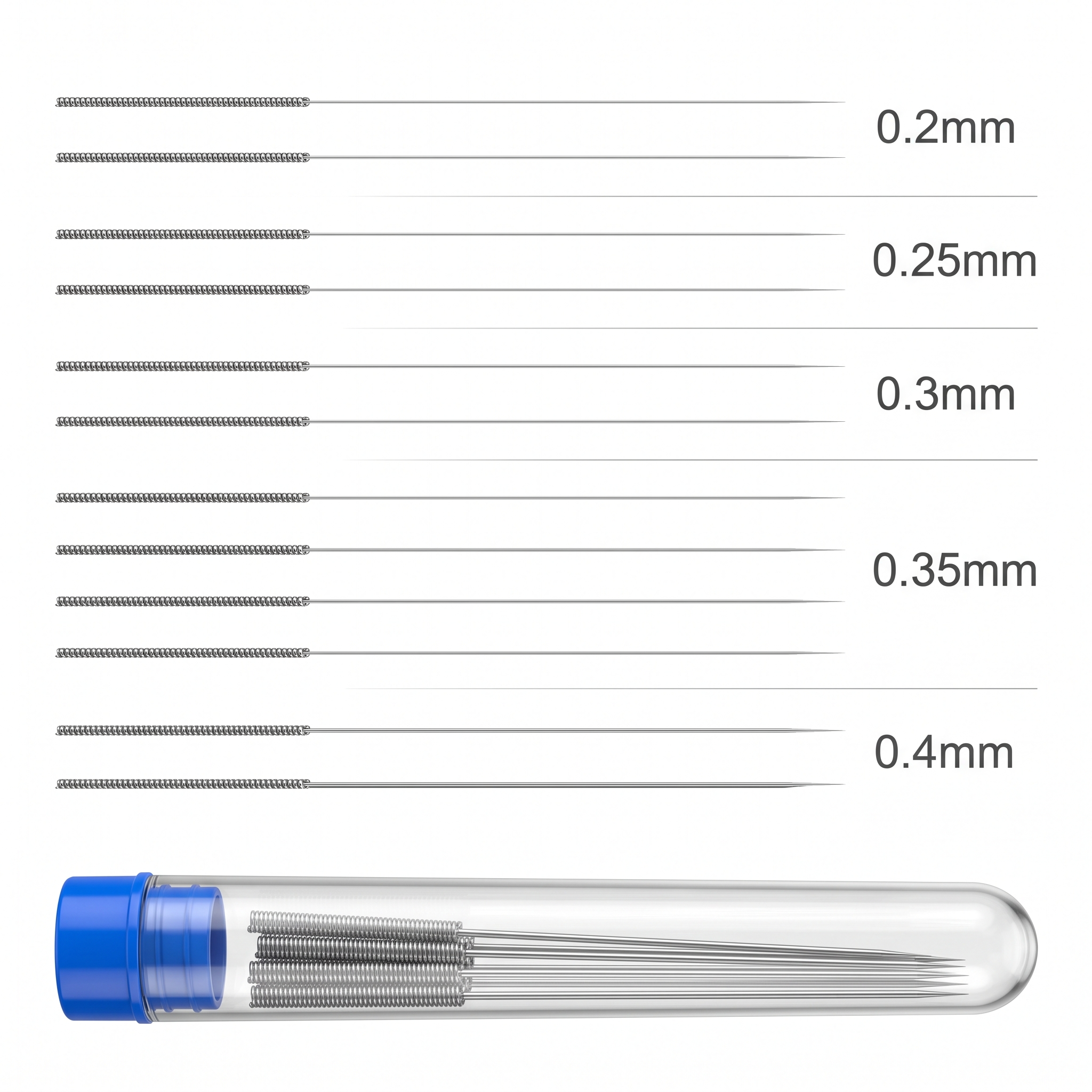 Sada 12 čisticích jehel na trysku 3D tiskárny s vyznačenými průměry 0,2, 0,25, 0,3, 0,35 a 0,4 mm a průhlednou tubou
